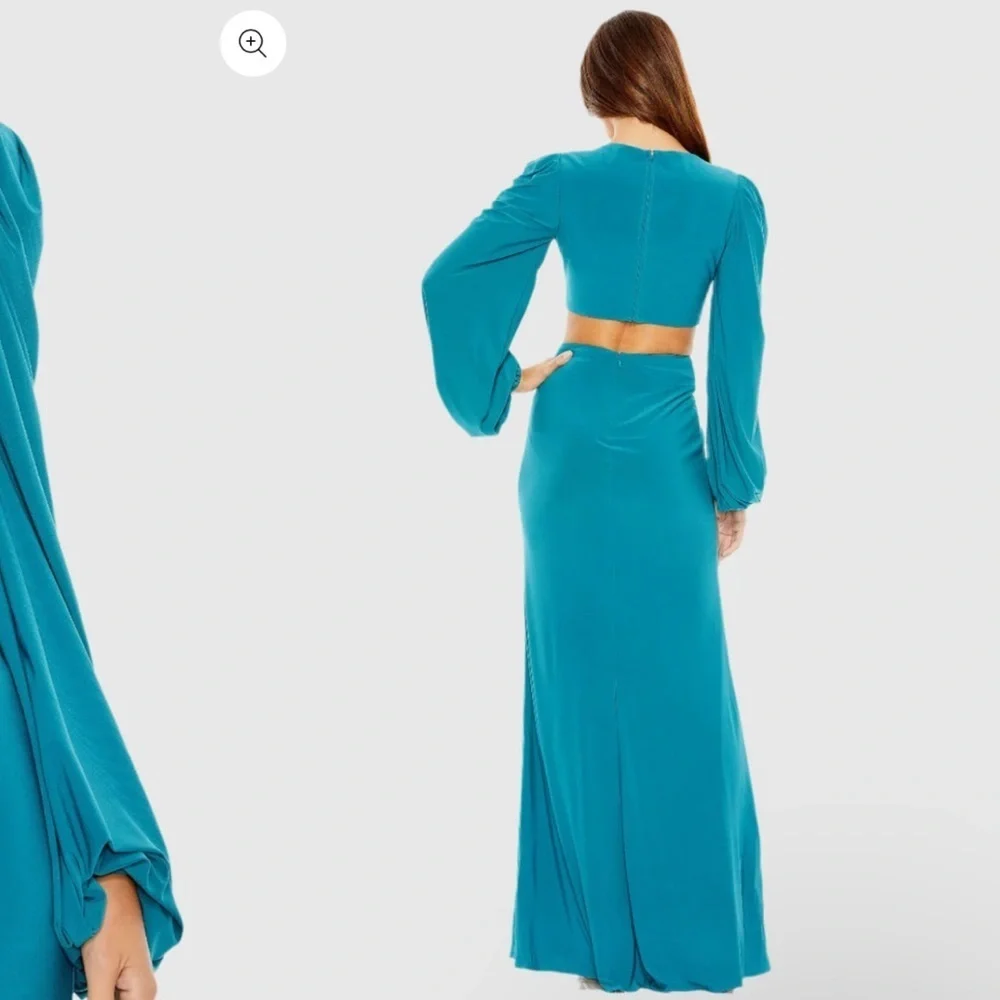 NWT |Mac Duggal 26727 Ocean Blue Jersey Puff Sleeve Cut Out Gown Size 12 - Picture 3 of 12